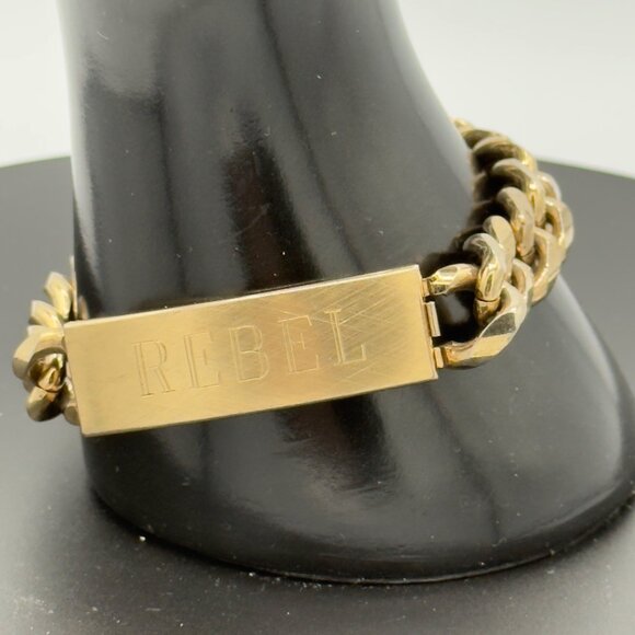 Men Speidel Gold Toned ID Bracelet REBEL Cuban Link Chain Engraved READ - Picture 1 of 9
